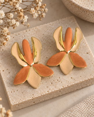 boucles d’oreilles Iris florales émaillées orange et pêche