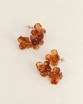 boucles d’oreilles Dahlia florales brun ambré pétales translucides