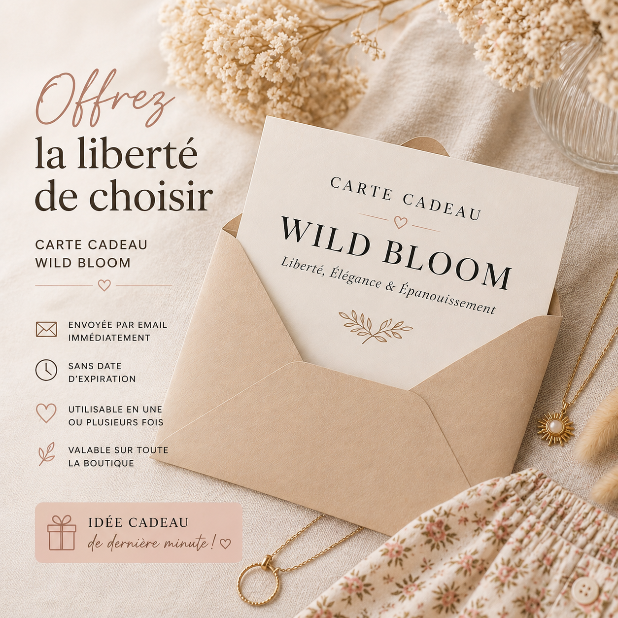 Carte cadeau Wild Bloom – idée cadeau femme bohème chic, valable sur toute la boutique