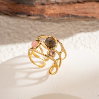 Bague ajustable dorée en acier inoxydable avec pierres naturelles œil de tigre, améthyste et quartz rose