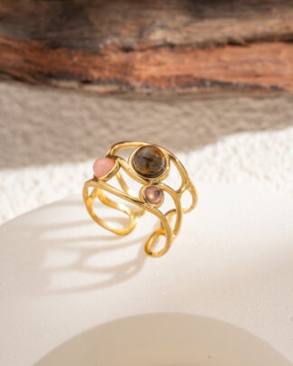 Bague ajustable dorée en acier inoxydable avec pierres naturelles œil de tigre, améthyste et quartz rose