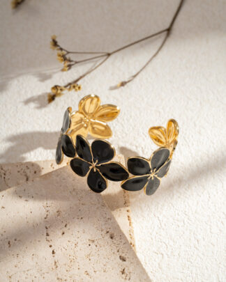 Bracelet floral doré en acier inoxydable avec fleurs émaillées, bijou femme bohème chic Wild Bloom