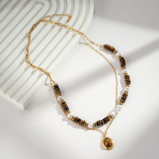 Collier doré en acier inoxydable avec pierre œil de tigre et pendentif rond