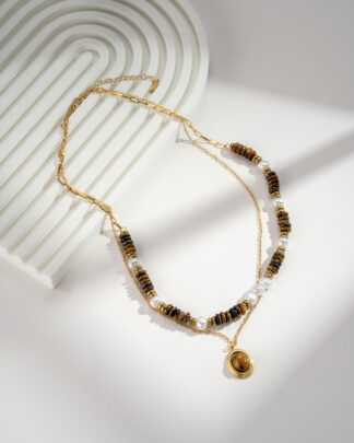 Collier doré en acier inoxydable avec pierre œil de tigre et pendentif rond