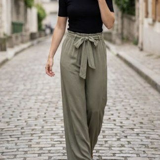 pantalon fluide Saule taille élastique kaki bohème chic