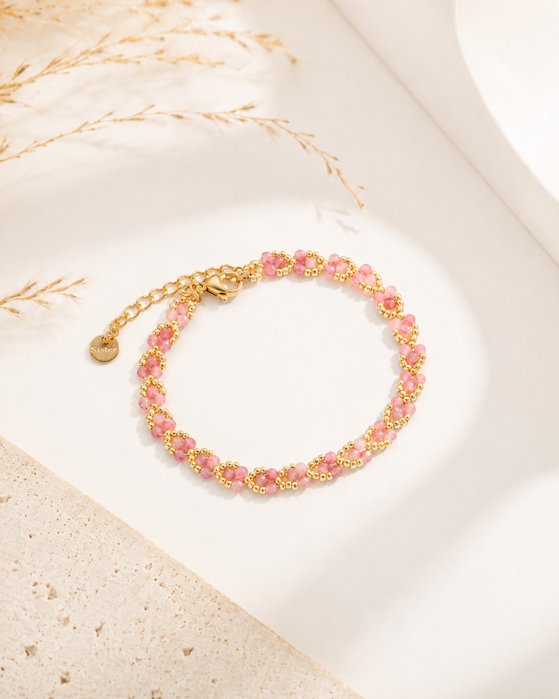 Bracelet Ophélia rose poudré et doré style bohème chic