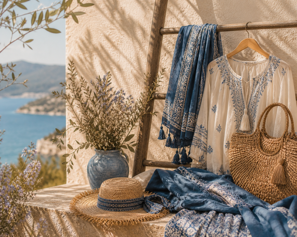 Ambiance méditerranéenne bleu et blanc - mode bohème chic femme été 2026
