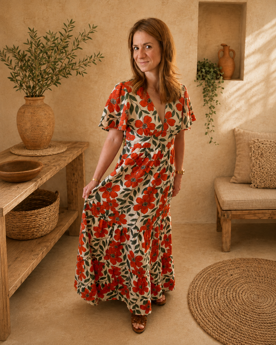 Robe longue Ava bohème chic imprimé terracotta et écru femme