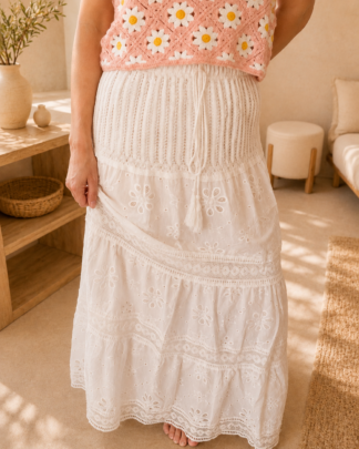 Jupe Héloïse longue bohème chic femme blanche brodée
