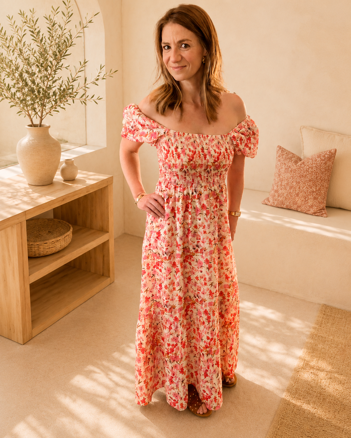 Robe longue Violette fleurie romantique rose avec encolure bardot