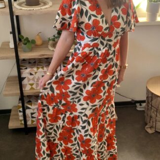 Robe longue Ava bohème chic imprimé terracotta et écru femme