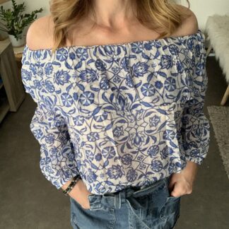 Blouse Alzira bleue bohème chic imprimé méditerranéen femme