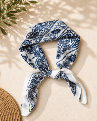 Foulard Kyra bleu et blanc à motif paisley inspiré des Cyclades – Capsule Horizon Wild Bloom