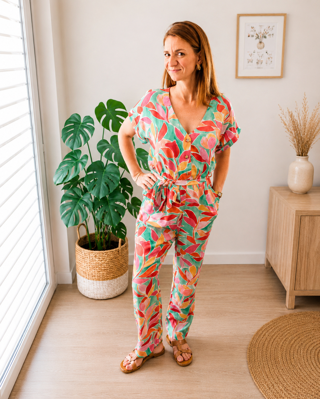 Combi-pantalon Maëva bohème chic fleurie rose corail et vert avec taille à nouer – Wild Bloom