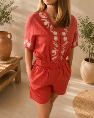 Combishort Joséphine terracotta brodée en coton style bohème chic Wild Bloom