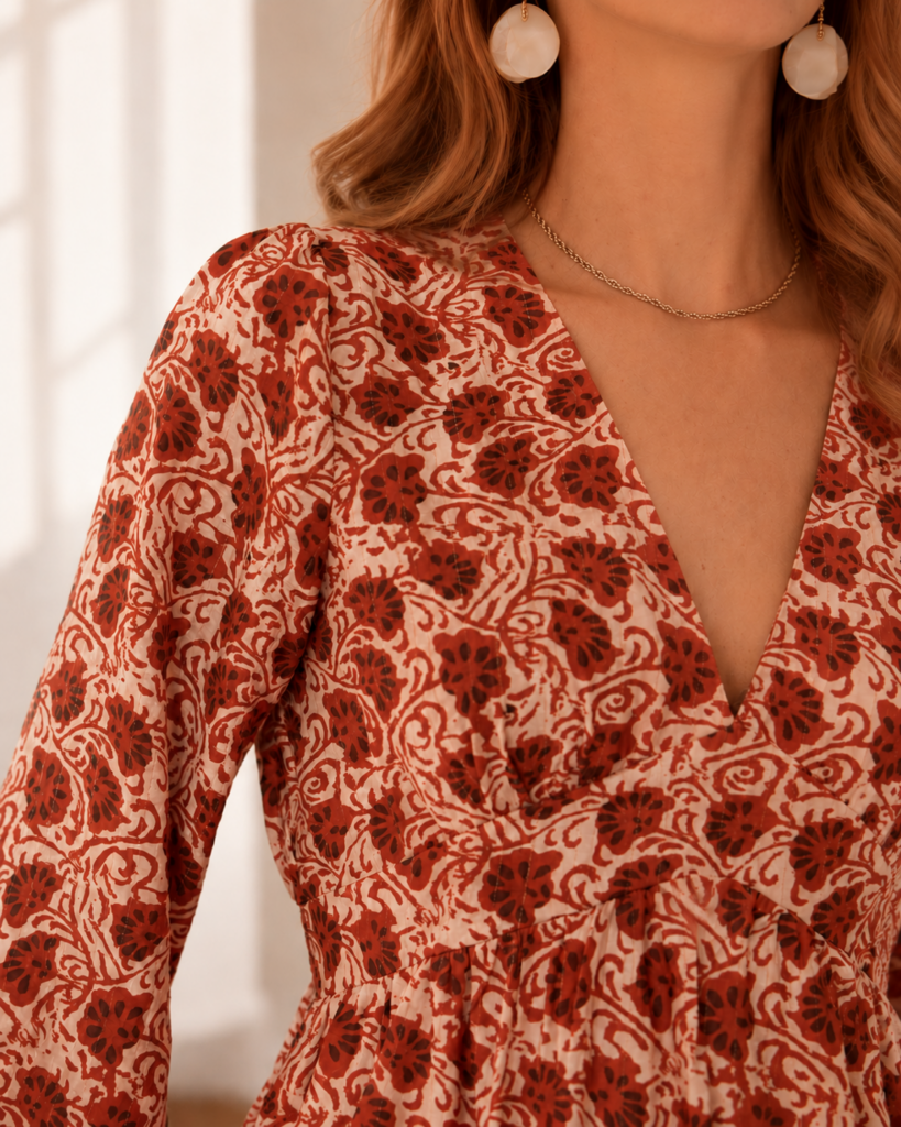 Robe fleurie Roxane femme aux tons rouge et terracotta