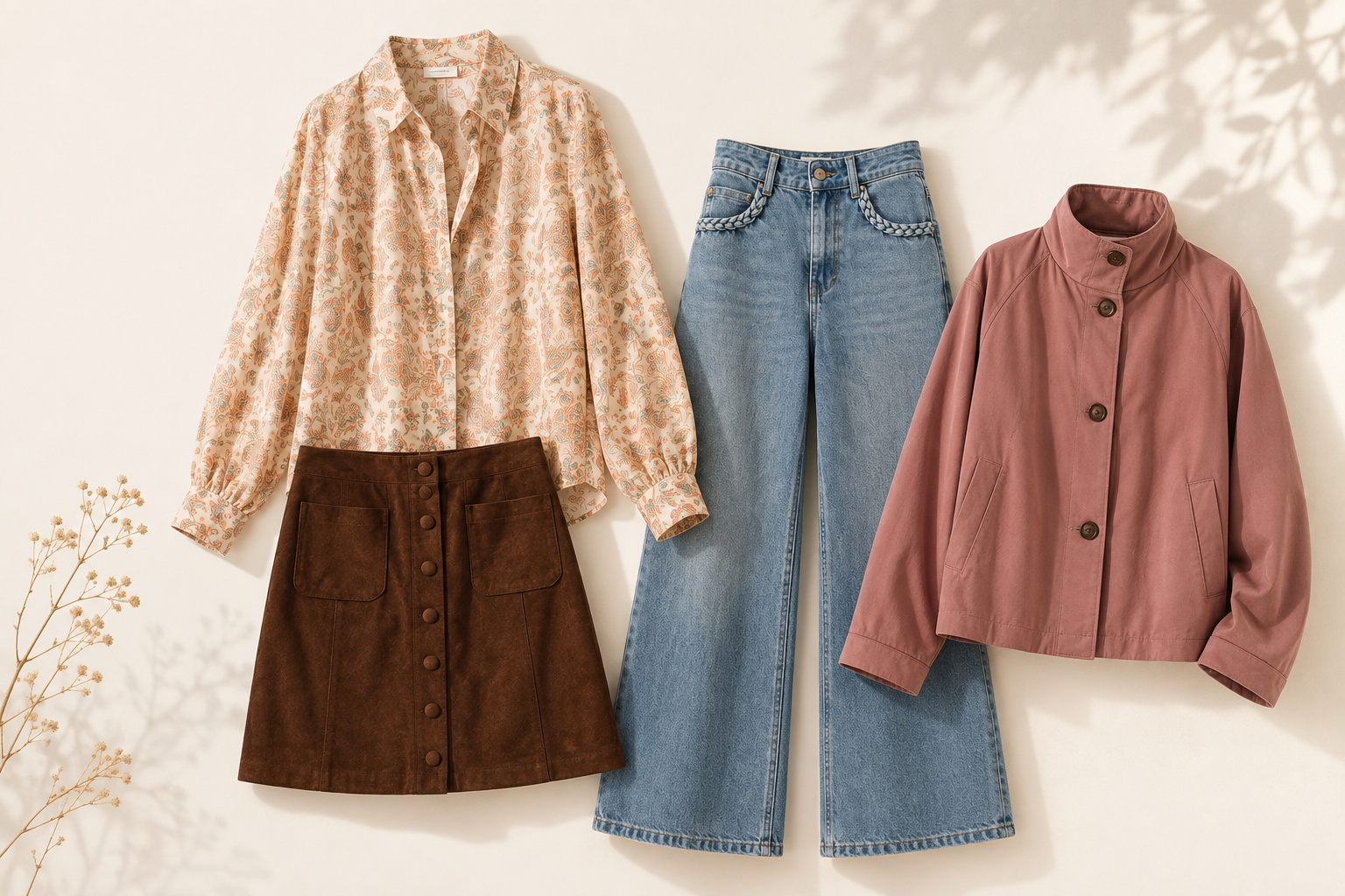 Premières inspirations du vestiaire Le Jardin des Muses avec chemise imprimée, jupe chocolat, jean clair et veste vieux rose.