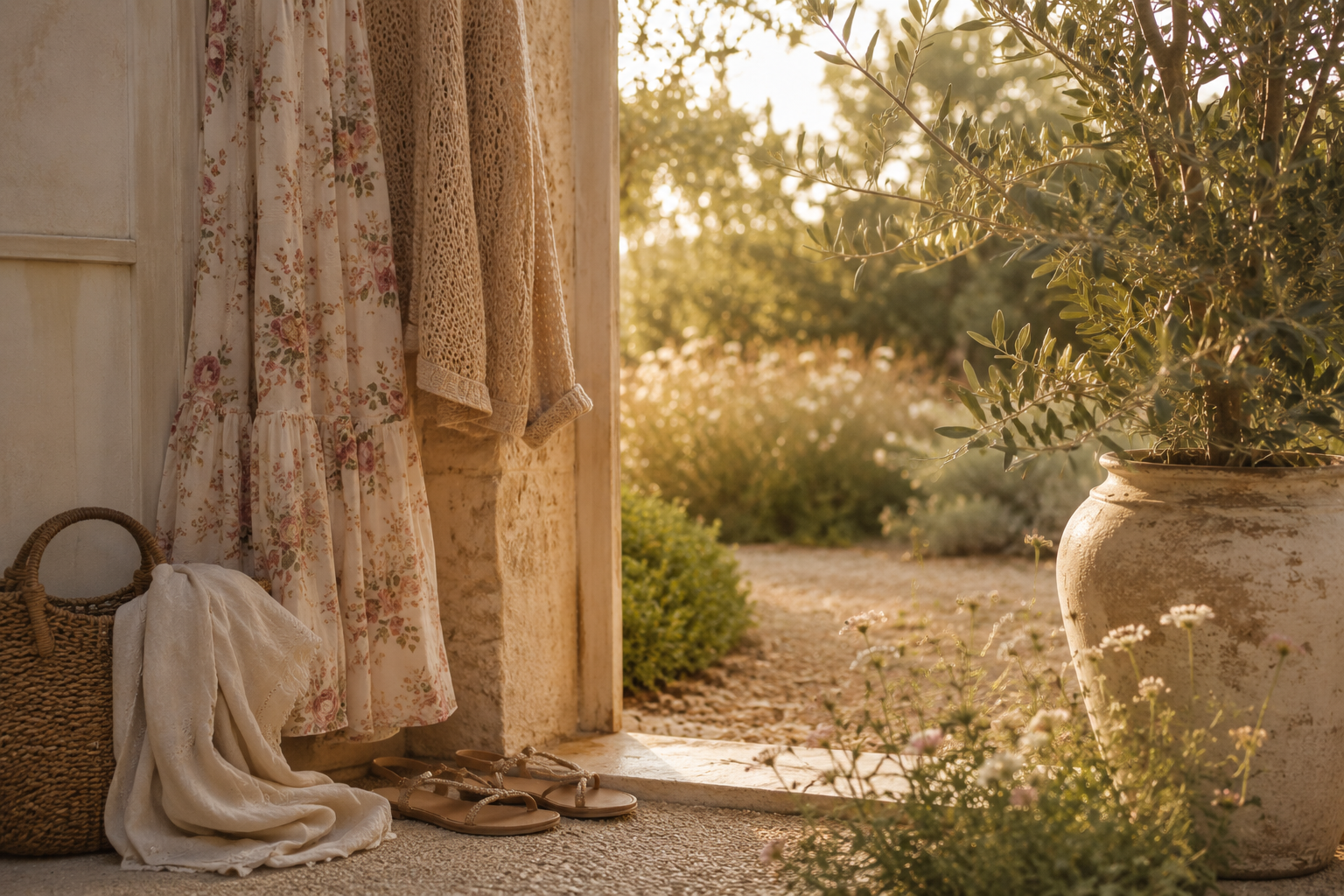 Ambiance bohème illustrant une garde-robe durable entre été et automne, avec robe fleurie, maille et accessoires.