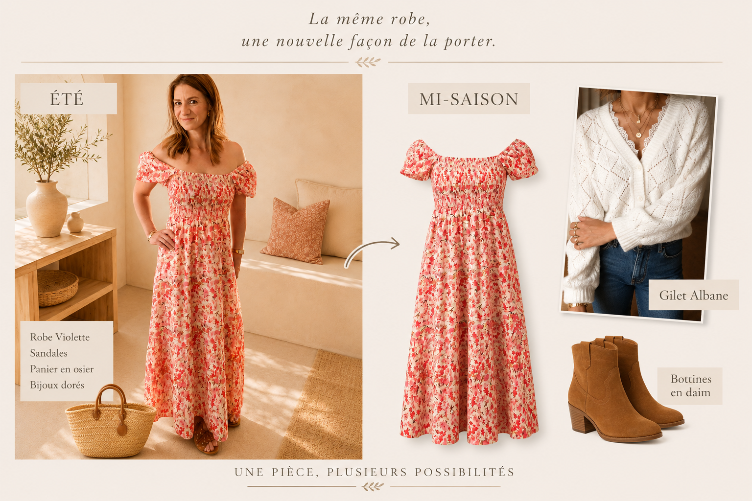 Robe Violette Wild Bloom portée en été et associée à un gilet et des bottines pour la mi-saison.