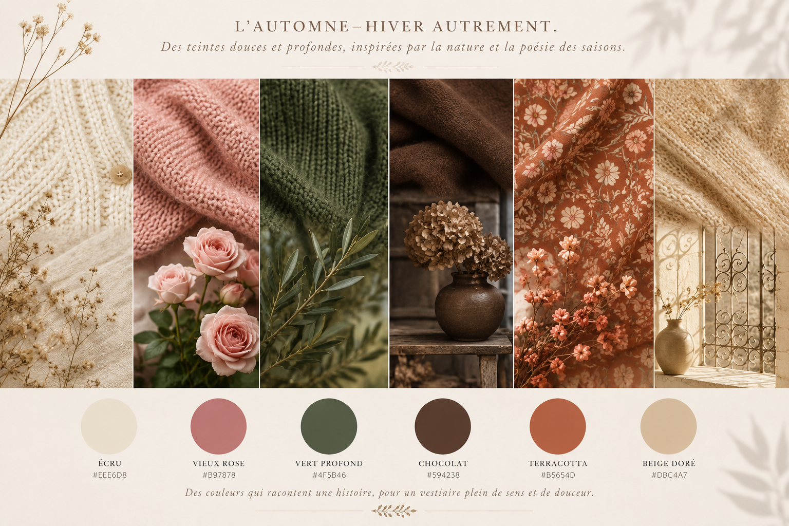 Palette automne-hiver aux tons écru, vieux rose, vert profond, chocolat, terracotta et beige doré.