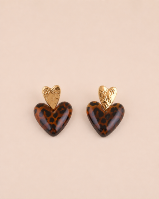 Boucles d'oreilles Carla double cœur doré et effet léopard