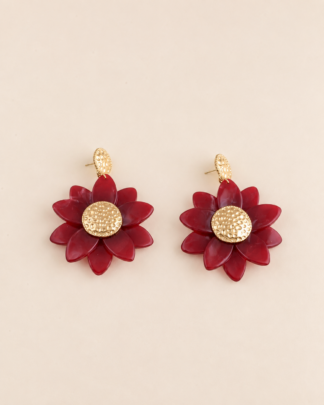 Boucles d'oreilles Carmen fleur rouge avec cœur doré martelé
