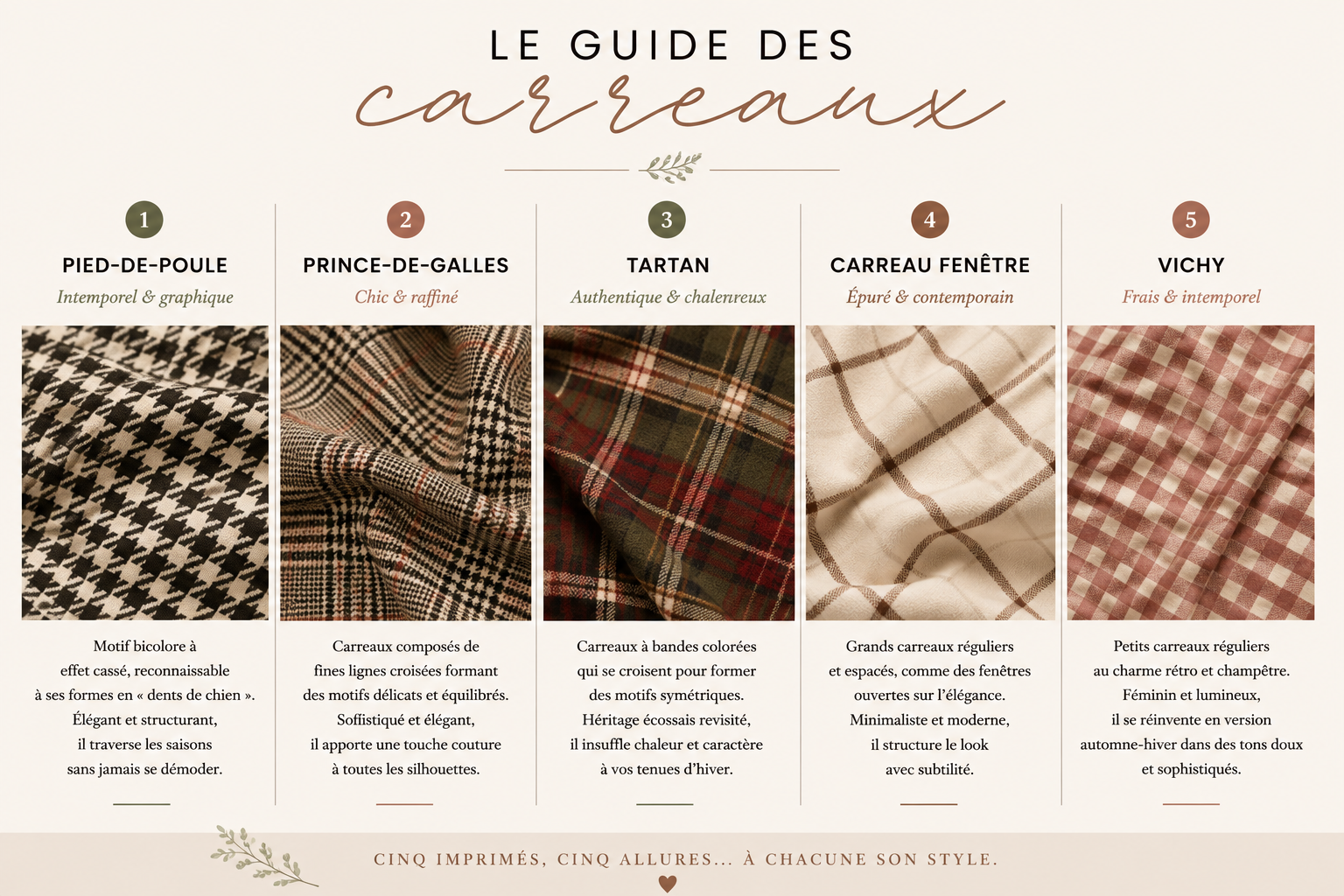 Guide des imprimés à carreaux : pied-de-poule, Prince-de-Galles, tartan, carreau fenêtre et vichy