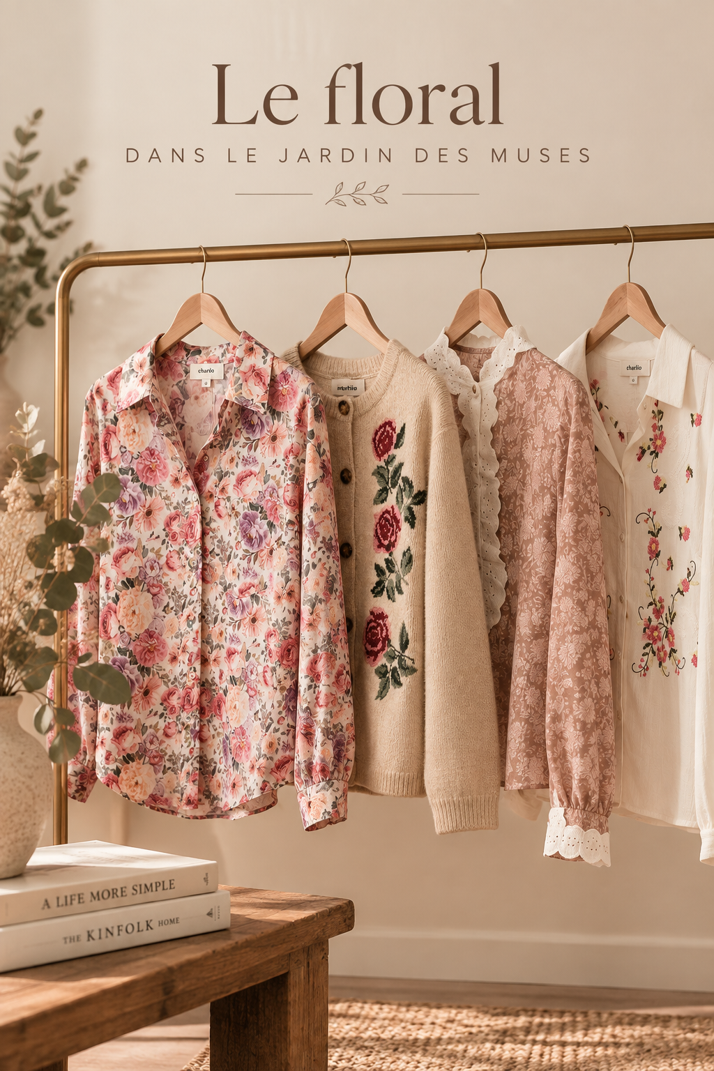 Pièces à motifs floraux dans les tons rose, écru et bordeaux du Jardin des Muses