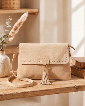 Sac bandoulière Basile en cuir beige effet daim avec pompon