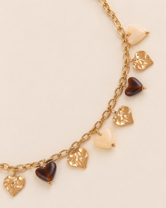 Collier Oscar doré à breloques cœurs en résine et acier inoxydable