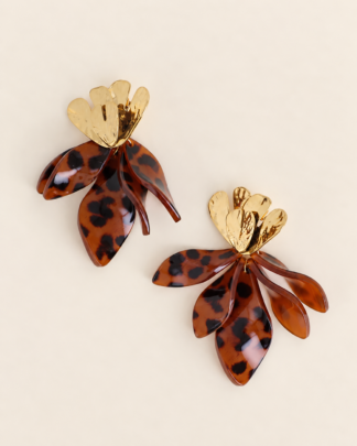 Boucles d'oreilles Sally pendantes feuillage léopard et doré